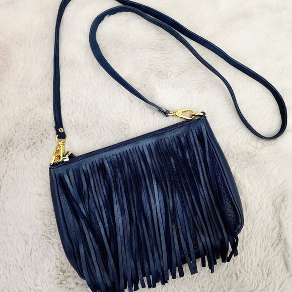 NEW ClaudiaG Willow Elegant Navy Fringe Leather Crossbody Bag - Picture 1 of 10